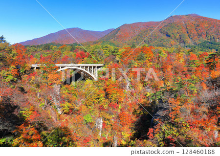 [Miyagi Prefecture] Autumn leaves at Naruko Gorge on a clear day 128460188
