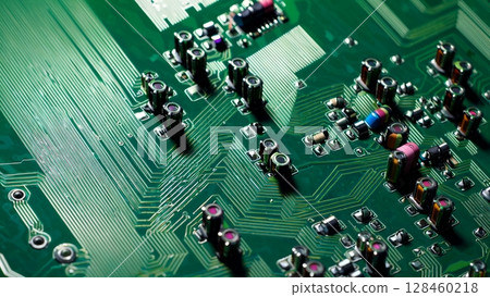 Green circuit board displaying electronic components, including resistors, capacitors, and chips, shifting under changing illumination across six sequential frames Green circuit board displaying electronic components, including resistors, capacitors, and chips, shifting under changing illumination across six sequential frames 128460218