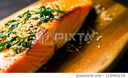 Sesame seasoned salmon fillet grilling to golden perfection, resting elegantly on rustic wooden cutting board with scattered fresh herbs enhancing culinary presentation Sesame seasoned salmon fillet grilling to golden perfection, resting elegantly on rustic wooden cutting board with scattered fresh herbs enhancing culinary presentation 128460219