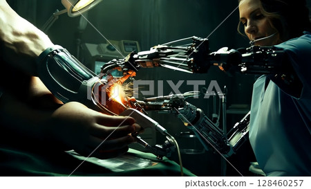 Advanced medical technology allows a surgeon to connect a bionic arm to a patient, restoring lost limb function and improving quality of life 128460257