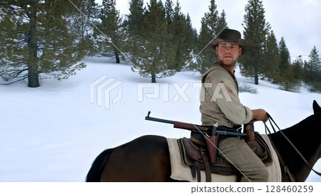 Experienced cowboy navigating snow covered mountain wilderness, riding horse and carrying rifle, embodying rugged frontier spirit of american west Experienced cowboy navigating snow covered mountain wilderness, riding horse and carrying rifle, embodying rugged frontier spirit of american west 128460259