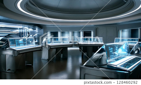 Empty futuristic control room slowly turning on, holographic consoles and big screens activating with data and information appearing, dark gray and blue colors 128460292
