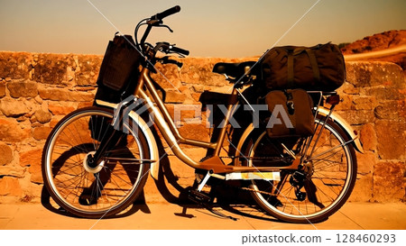 Beige touring electric bicycle with saddlebags parked against a stone wall on a sunny day, with blurred people riding scooters in the background 128460293