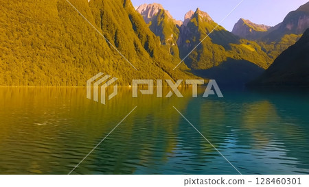 Tranquil mountain lake reflecting lush green landscape, mirroring vibrant sunset colors with pristine alpine scenery spreading across serene wilderness vista 128460301