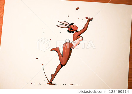 Drawing of a chocolate girl. The piece of paper depicts a girl in a swimsuit and bunny ears in a chocolate style. Drawing of a chocolate girl. The piece of paper depicts a girl in a swimsuit and bunny ears in a chocolate style. 128460314