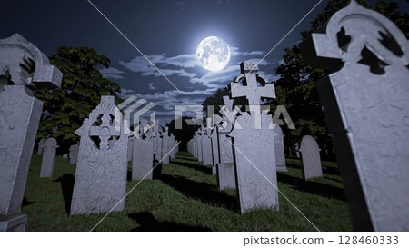 Gravestones standing silently in moonlit cemetery, creating haunting landscape with supernatural atmosphere of loss and remembrance under full moon's ethereal glow 128460333