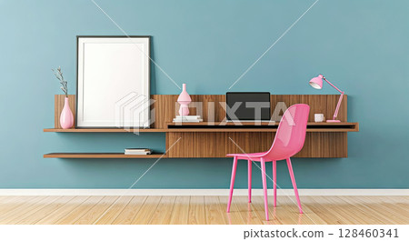 Architectural modern interior design of room with blue wall and pink chair, mock up Architectural modern interior design of room with blue wall and pink chair, mock up 128460341