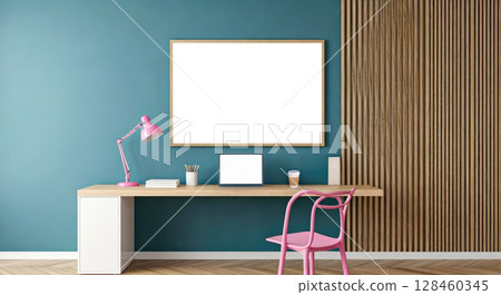 Architectural modern interior design of room with blue wall and pink chair, mock up Architectural modern interior design of room with blue wall and pink chair, mock up 128460345