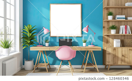 Architectural modern interior design of room with blue wall and pink chair, mock up 128460346