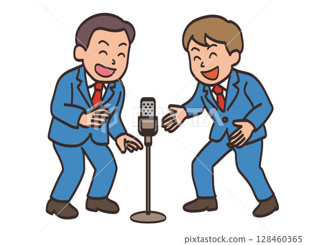 一對男子喜劇二人組開心表演漫才的插畫素材 一對男子喜劇二人組開心表演漫才的插畫素材 128460365