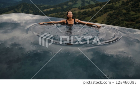 Slender woman floating in luxurious infinity pool, surrounded by majestic mountain landscape with lush greenery and expansive sky, experiencing ultimate relaxation 128460385