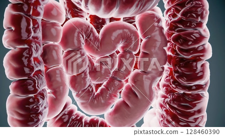 Realistic 3d animation of healthy human intestines rotating slowly against a neutral gray background, offering various perspectives of this vital organ 128460390