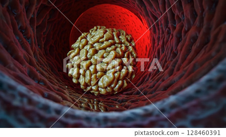Medical animation depicting kidney stone passage through ureter, visualizing painful internal movement and potential medical complications within urinary system's intricate anatomy 128460391