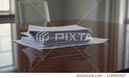 Professional paper stack neatly arranged on polished wooden conference room table, catching soft window light and creating subtle reflections of corporate workplace environment 128460407