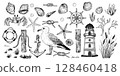 A set of black and white vector illustrations. A variety of hand drawn marine elements including seashells, starfish, a seagull, lighthouse, anchor, ropes, coral, ship wheel, grass, rocks, plants. 128460418