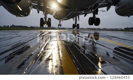 Large passenger airplane taxiing across wet runway, landing lights creating dramatic reflections on dark tarmac surface during low visibility airport conditions 128460455
