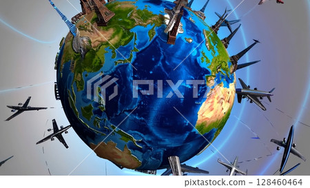 Airplanes circling rotating earth globe, showcasing famous world monuments, symbolizing global tourism and international connectivity across diverse destinations 128460464