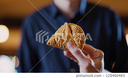 Professional waiter presenting fortune cookie in softly blurred restaurant, capturing anticipation of revealing hidden message during dining experience with warm, inviting atmosphere 128460465