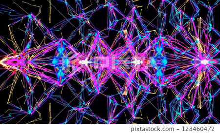 Dynamic geometric shapes pulsating with neon energy, weaving intricate patterns across luminescent digital landscape against deep black background 128460472