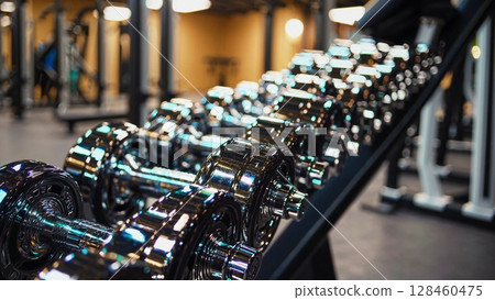 Chrome dumbbells are neatly arranged on a rack in a brightly lit, contemporary gym, reflecting the surrounding light and exuding an atmosphere of fitness and strength training 128460475