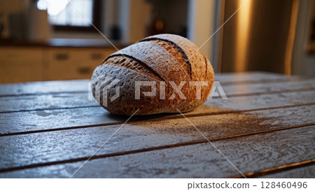 Freshly baked sourdough loaf resting on rustic wooden kitchen table, covered with light dusting of flour, radiating warm homemade culinary atmosphere 128460496