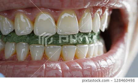 Green molding paste spreading carefully across patient's teeth during dental impression process, showcasing professional precision in oral healthcare treatment 128460498
