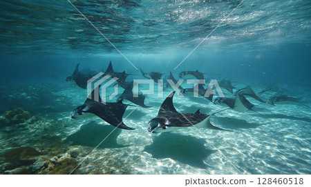 A flock of manta rays gracefully swimming through the clear waters 128460518
