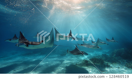 Manta formation floating in the silent ocean 128460519