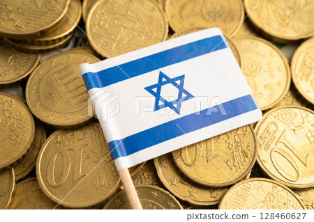 Israel flag on coin and banknote money, finance trading investment business currency. 128460627