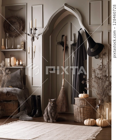 Halloween witch clothes, hat and interior decorations. Halloween witch house interior with cat and broom. 128460728