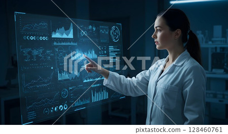 A young woman working with virtual screen 128460761