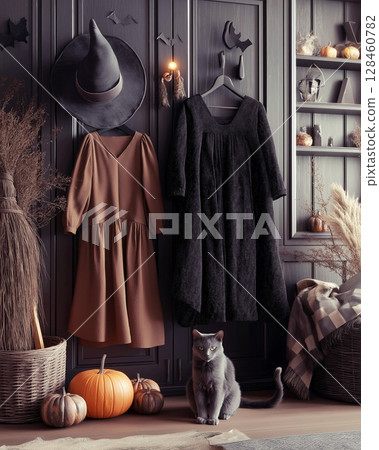 Halloween witch clothes, hat and interior decorations. Halloween witch house interior with cat and broom. 128460782