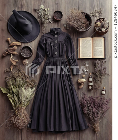 Halloween concept. Witchcraft background with witch hat, witch dress, spell book, magic potions, dried lavender flowers and old books on black background, flatlay, top view. 128460847