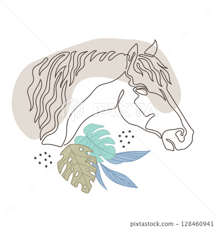 One Line Drawing Horse with Botanical Elements Boho Vector art 128460941
