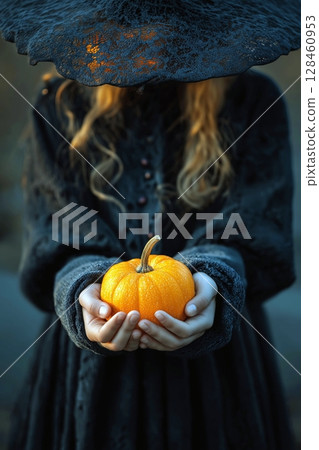 Portrait of a young witch holding a pumpkin in her hands. Halloween concept. Girl with long hair, wearing a witch hat and a dark dress. Halloween costume party. Portrait of a young witch holding a pumpkin in her hands. Halloween concept. Girl with long hair, wearing a witch hat and a dark dress. Halloween costume party. 128460953