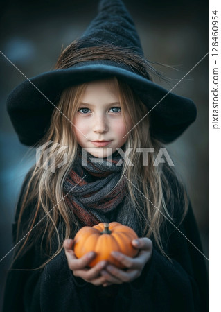 Portrait of a young witch holding a pumpkin in her hands. Halloween concept. Girl with long hair, wearing a witch hat and a dark dress. Halloween costume party. Portrait of a young witch holding a pumpkin in her hands. Halloween concept. Girl with long hair, wearing a witch hat and a dark dress. Halloween costume party. 128460954