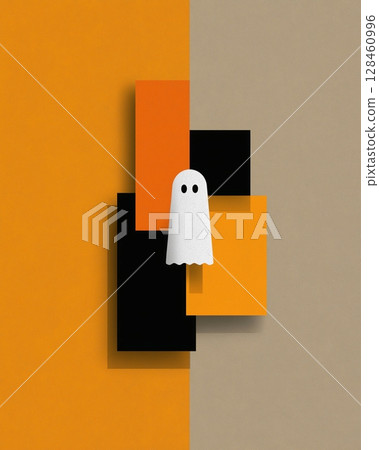 Halloween concept. Ghost on grunge background with orange and black stripes, illustration, minimalist poster. Halloween ghost in front of orange wall. 128460996