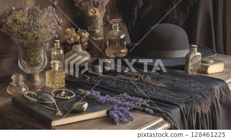 Halloween concept. Witchcraft background with witch hat, witch dress, spell book, magic potions, dried lavender flowers and old books on black background 128461225