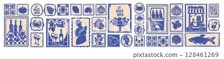 Italian summer poster set, vector hand drawn Mediterranean travel sticker Amalfi coast print stamp.  128461269