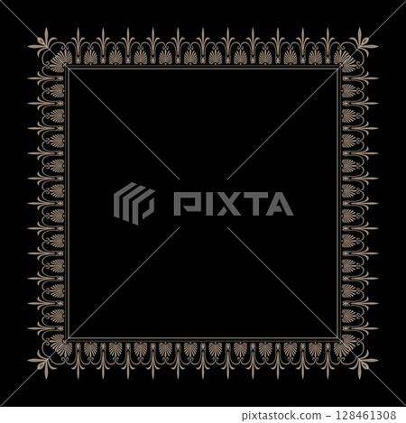 Oriental gold vector frame with arabesques and floral elements. Traditional ornament. Vintage border frame in Victorian style. Ornate element for design. Black background 128461308