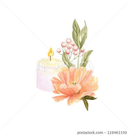Peach peonies, green leaves, blush berries, a lit candle watercolor floral composition isolated on white background. Perfect for romantic designs, invitations, branding, packaging, or greeting cards Peach peonies, green leaves, blush berries, a lit candle watercolor floral composition isolated on white background. Perfect for romantic designs, invitations, branding, packaging, or greeting cards 128461330