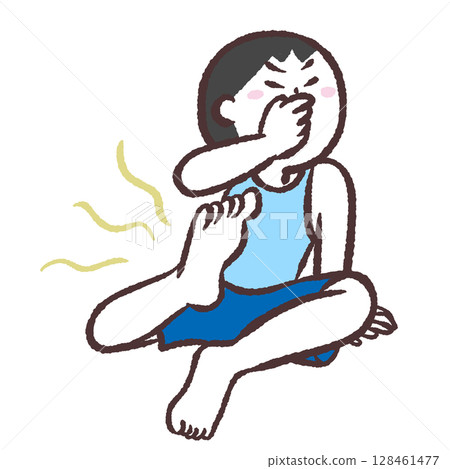 Illustration of a man holding his nose because of foot odor 128461477