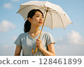 一名女子撐著陽傘躲避夏天的陽光 128461899