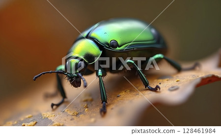 Emerald Beetle Macro On Autumn Leaf Surface 128461984