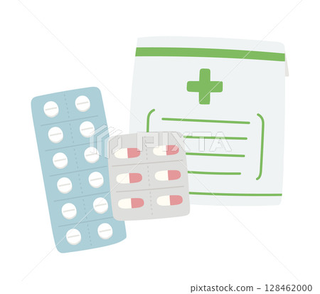 Hand-drawn cute pill and bag illustration 128462000