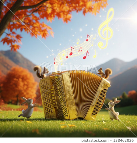 歡迎來到秋季森林音樂會！手風琴－松鼠與兔子的和諧 128462026