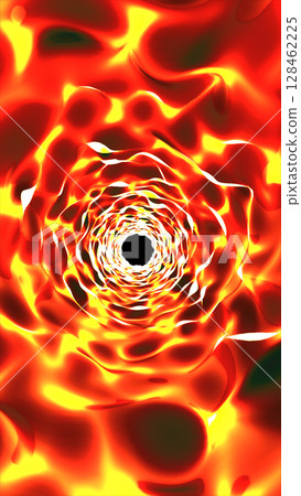 Abstract glowing tunnel of swirling fire-like patterns, intense red and yellow hues radiating energy and motion into a black void 128462225