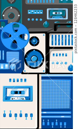 Flat illustration of retro audio equipment with speakers, tape reels, and control panels in blue tones 128462233