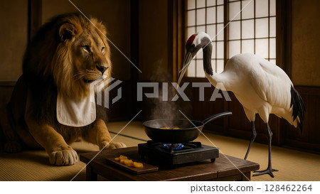 意外的驚喜！ ？獅子被鶴群攻擊，專心享用美食的瞬間 128462264