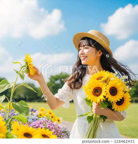 A young woman smiling while touching a flower in a sunflower field under a blue sky. Dress, bouquet, straw hat, summer scene 128462431